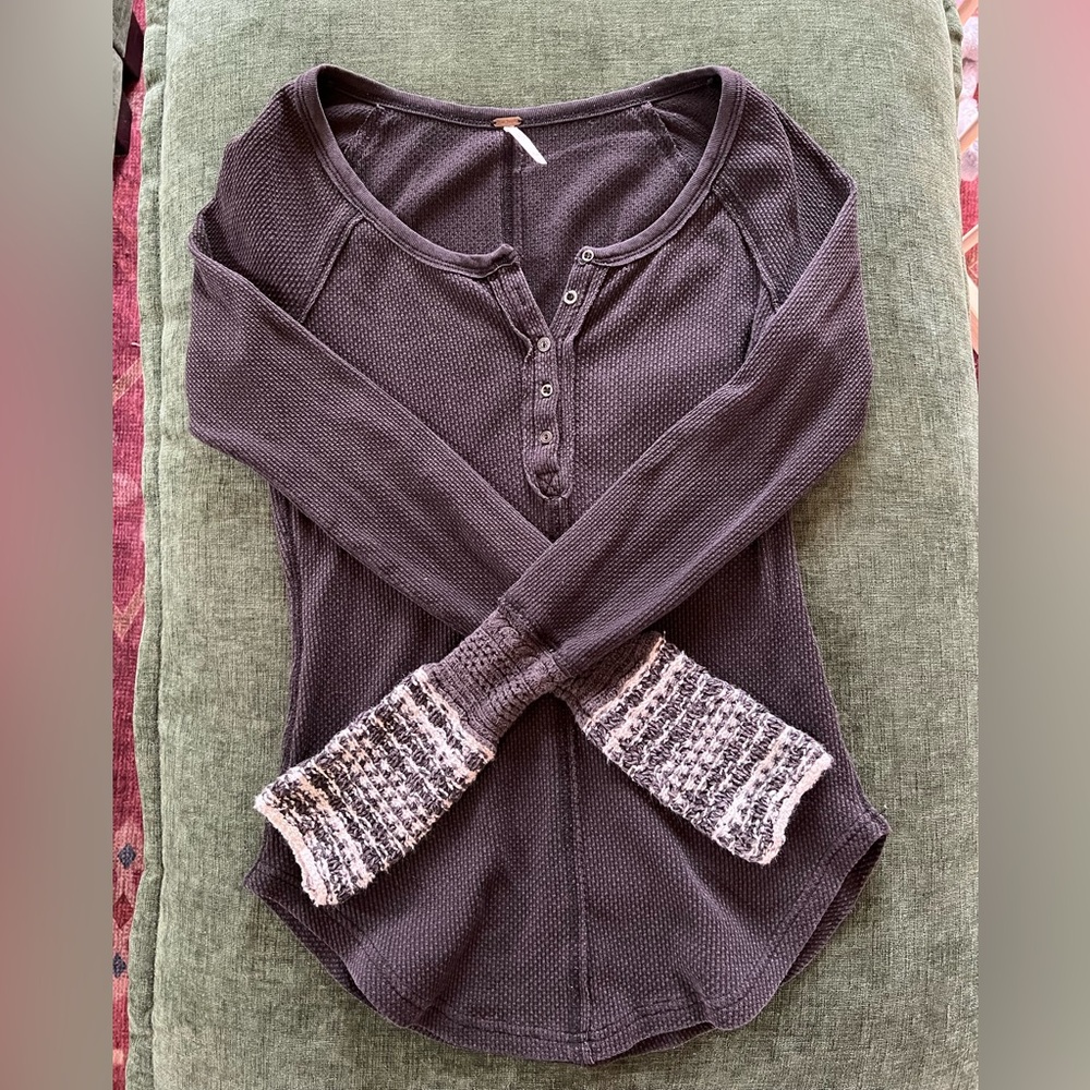Free People Dark Gray Henley Long Sleeve Top